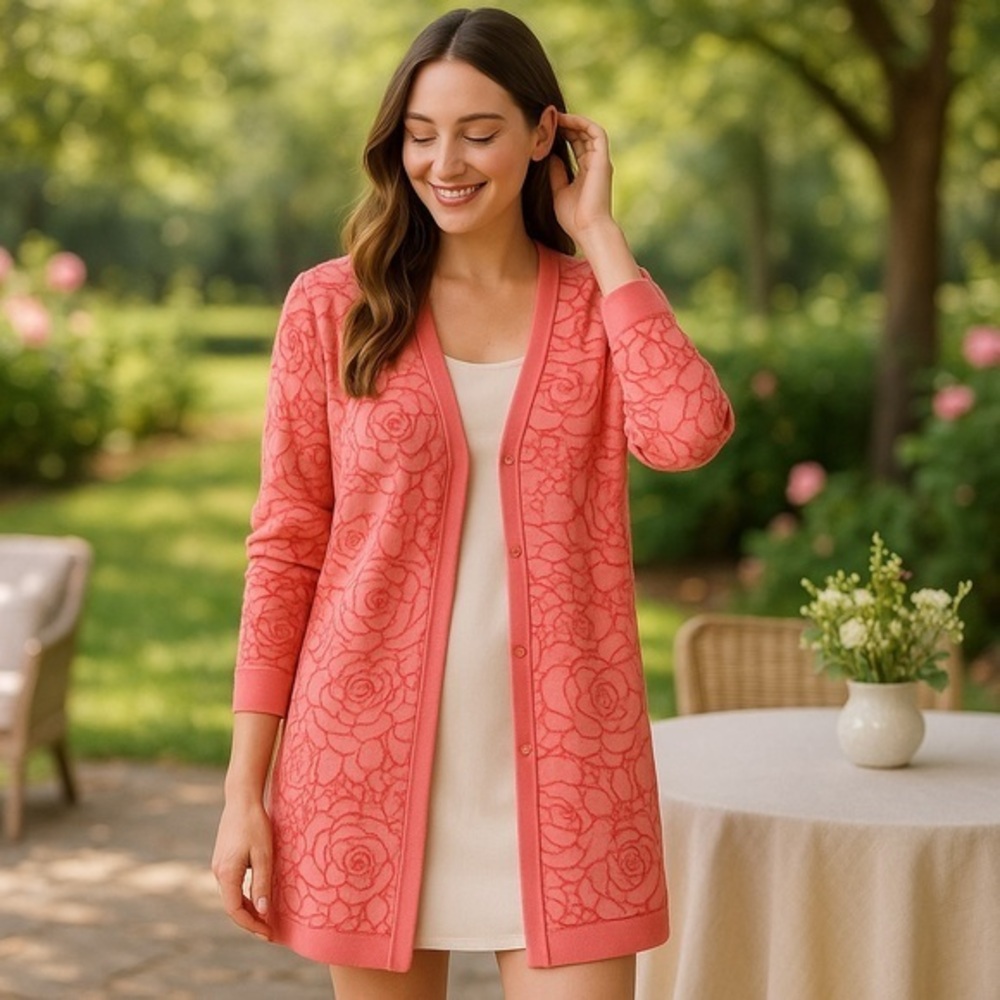 Peach Rose Floral Long Boyfriend Cardigan - Layer Sweater EUC S #786